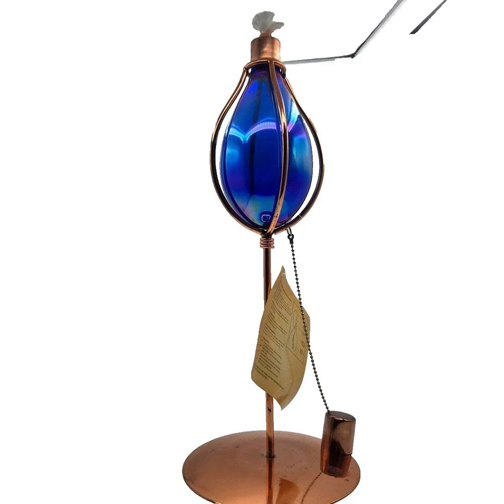 Hand Blown Blue Irridized Glass Oil Lamp on 18